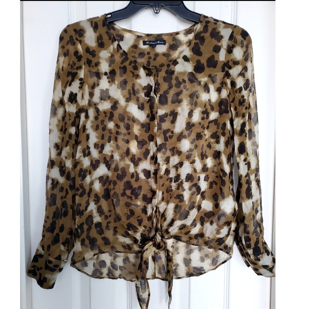 Broadway & Broome Sheer Silk Blouse Brown Animal Print Tie Front Long Sleeve XS